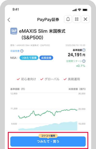 ご希望の投資信託の詳細画面を開き、「つみたて・買う」ボタンをタップ