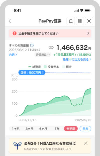 PayPayチャージ上限超過や投資信託買付キャンセルした場合は、トップページに「出金手続きを完了してください」と表示されます
